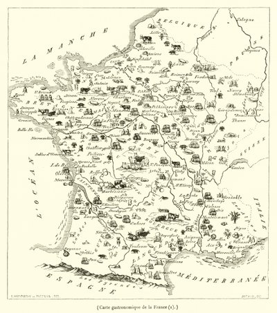 Gastronomisk kart over Frankrike (gravering) av French School