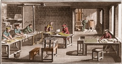 Cartier - Produksjon av spillekort - "" The Grande Encyclopedia, eller Dictionnaire Raisonne des Sciences, des Arts et des Metiers"" (Encyclopedia or Dictionary of the Sciences, Arts and Professions) av Denis Diderot (1713-1784) og Jean av French School