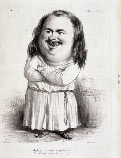 Tegneserie av Honore de Balzac (1799-1850) og munk - i "Charivari"" fra 12.10.1838 B.H.V.P. av French School