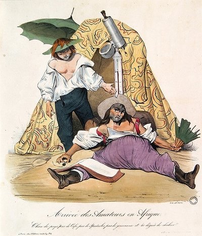 Tegneserie med franske kunstnere i Algerie, ca. 1830 (lito i farge) av French School