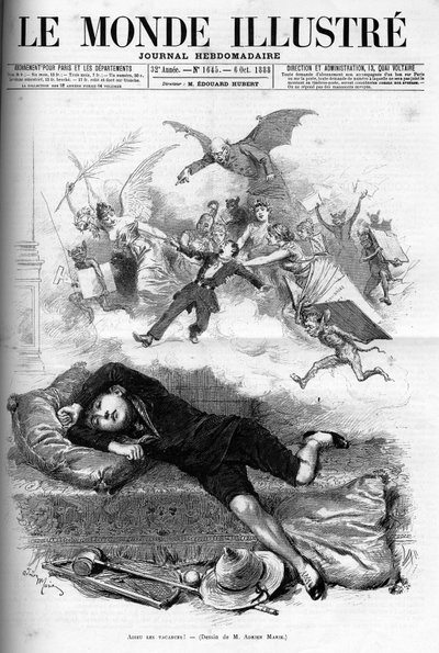 Tegneserie av en ung skolegutt som irettesetter fra slutten av ferien som nærmer seg klasseleie i 1888. av French School