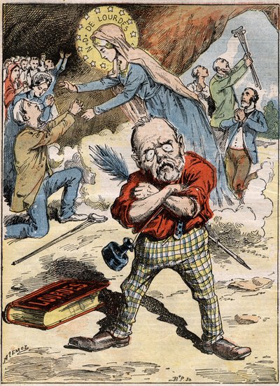 Tegneserie av forfatteren Emile Zola (1840-1902) som er forvirret over hengivenheten til de troende i Lourdes, til tross for hans kritikk av emnet uttrykt i romanen "Lourdes". Gravering i "" Le Pelerin"" av 30. august av French School