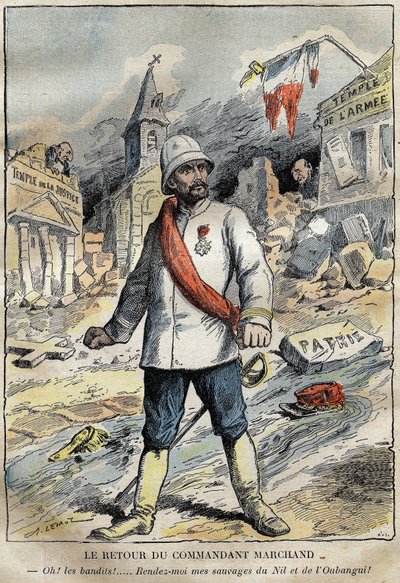 Tegneserie om kommandør Jean-Baptiste (Jean Baptiste) Marchand (1863-1934), i Toulon, på vei tilbake fra et leteoppdrag (1896-1899) i Afrika. Gravering i "" Le Pelerin"" 4/06/1899. av French School