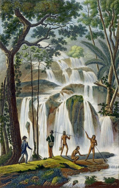 Cascade of Port Praslin, New Ireland, fra Journey around the World, henrettet etter ordre fra Kongen på Hans Majestets Corvette, La Coquille i løpet av årene 1822, 1823, 1824 og 1825, av Louis Isidore Dup av French School