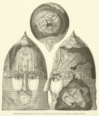 Hjelm til Jaroslav, storhertug av Russland rundt 1238, sett ovenfra, forfra og i profil (gravering) av French School