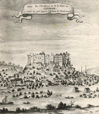 Slottet og byen Chinon av French School