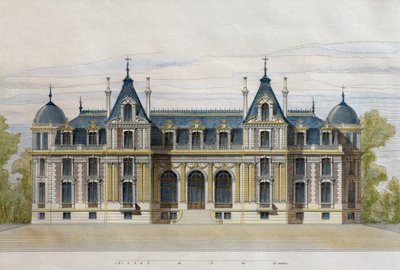 Castle of Neuflize som tilhører Pate Brothers, hagefasade, illustrasjon fra Le Moniteur des architectes, 1884, gravert av F. Penel (fargegravering) av French School