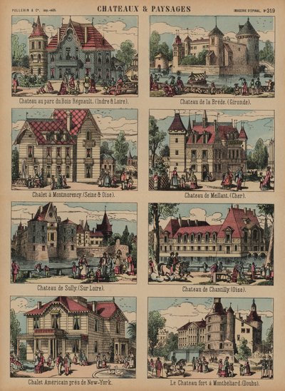 Slott og landskap (farget gravering) av French School
