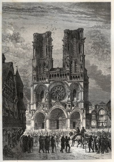 Cathedrale Notre-Dame (Notre Dame) de Laon (1150-1180), Aisne - Laon katedral - gravering fra "" Frankrikes historie fortalt til mine barnebarn"" - av Francois Guizot - 1872-1876 av French School