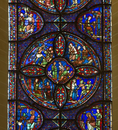 Cathedrale de chartres, farget glass: livet til Saint Antoine og Saint Paul, eremitter, detalj i sentrum av French School
