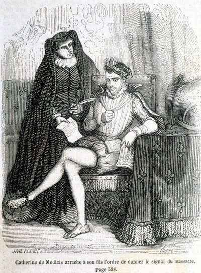 Catherine de Medici (Caterina de Medici) tears from her son (Charles IX) the order to give the signal of the massacre of Saint Barthelemy in 1572 - in “Histoire de France” by L.-P. Anquetil av French School