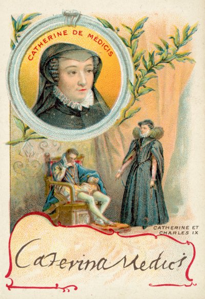 Catherine de Medici og mannen hennes, Charles IX av Frankrike (chromolitho) av French School
