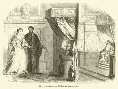Catherine de Medici og Nostradamus (gravering) av French School