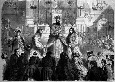 Katolsk rite - Messe - 26. januar 1860: Messe celebre i henhold til den armenske ritualen av mechitaristenes overordnede i kirken Notre Dame des Victoires, Paris. Gravering i "" Le Monde Illustré"" nr. 147 av 4. februar 1860. av French School