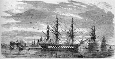 Katolsk fest: Langfredag (skjærfredag) i Toulon (Var, 83) i 1858. Skipene har stengene i kors og flaggene med halvfall som et tegn på sorg. Gravering i "" Le Monde Illustré"" nr. 53 av 17. april 1858. av French School