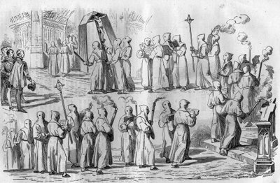 Katolsk moro og overtro. Prosesjon av botferdige under angrepet av Roma av keiser Othon I den store (912-973). Gravering i "Histoire des Papes-Rois-Queen and Empereurs a travers les centuries"" av Maurice Lachatre av French School