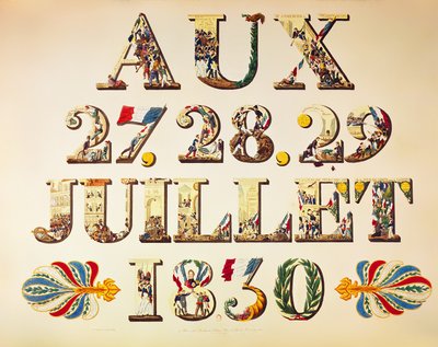 Feiring av de tre strålende dagene, 27., 28. og 29. juli 1830 (fargegravering) av French School
