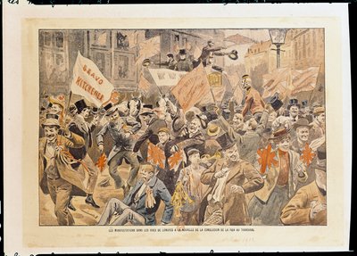 Feiringer i Londons gater etter nyheten om fredsslutningen i Transvaal, mai 1902 (trykk) av French School