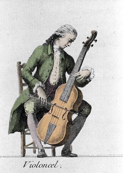 Cellospiller/cello. Gravering fra slutten av 1700-tallet. av French School