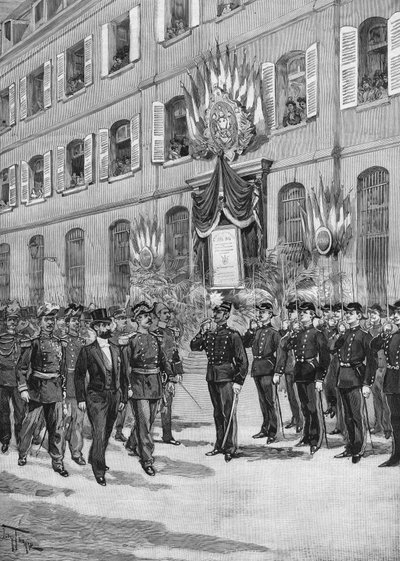 Centenary of Ecole Polytechnique: Sadi Carnot (1837-1894), French president reviewing the students, Paris 1894. av French School