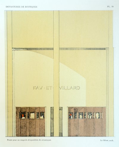Utstillingslokale for keramikk, plate 20, illustrasjon fra Devantures de Boutiques av Louis-Pierre Sezille, Paris, 1927 av French School