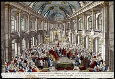 Seremoni for brudevelsignelsen gitt i kapellet i Versailles 16. mai 1770 av Louis Auguste, delfin fra Frankrike (Louis XVI), og Marie Antoinette av Østerrike - gravering av French School
