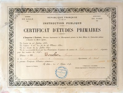 Sertifikat for grunnskoleutdanning, Academie de Lille, 1898 (blekk på papir) av French School