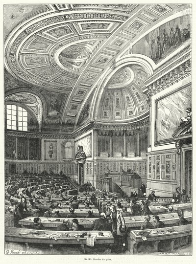 Chambre des Pairs (Chamber of Peers), overhuset i det franske parlamentet fra 1814 til det ble avskaffet etter revolusjonen i 1848 (gravering) av French School