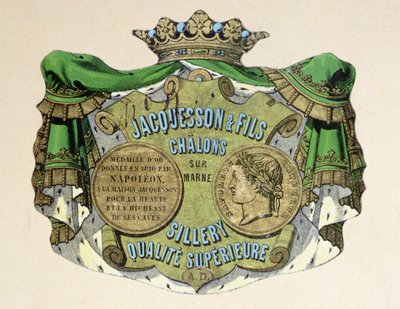 Champagneetikett for Jacquesson & Fils, Champagne Sillery Marque, midten av 1800-tallet (farge litho) av French School