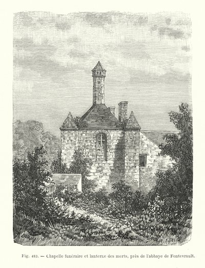 Begravelseskapell og de dødes lykt, nær Fontevrault Abbey (gravering) av French School