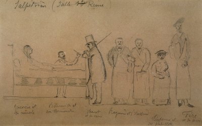 Charcot designet av en av elevene hans. Fra venstre til høyre: pasient Genevieve i camisole, doktor Desire Magloire Bourneville med termometer, Jean Martin Charcot, Raymond og Brissaud, Me Tirperme og Charles Fere. Rom Holy Queen, Salpetriere Hospi av French School