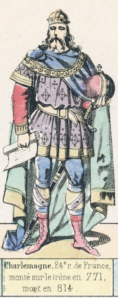 Charlemagne, 24. konge av Frankrike, besteg tronen i 771, døde i 814 (farget gravering) av French School