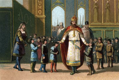 Charlemagne, King of France from 768 to 814 founder of the school supervises the classes. Chromolithography around 1890. av French School