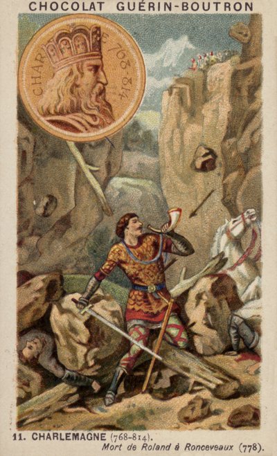 Charlemagne og Rolands død ved Ronceveaux, 778 (chromolitho) av French School