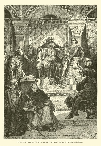 Charlemagne presiderer ved Palace of the School av French School