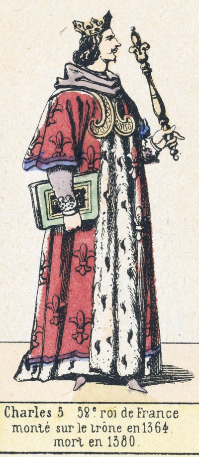Charles 5, 52. konge av Frankrike, besteg tronen i 1364, døde i 1380 (farget gravering) av French School