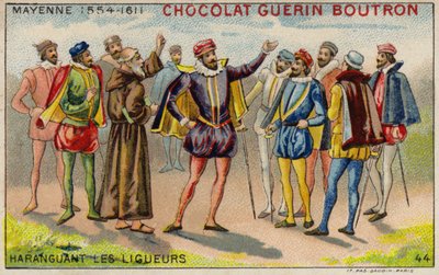 Charles, hertug av Mayenne, henvender seg til medlemmer av den katolske ligaen (chromolitho) av French School