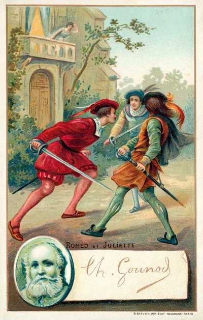 Charles Gounod, fransk komponist, og en scene fra operaen hans Romeo et Juliette (chromolitho) av French School