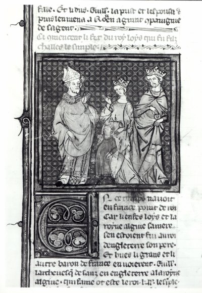 Charles III (879-929) den enkle med sin kone og sønnen, Louis IV (921-954), Grandes Chroniques de France, 1375-79 av French School