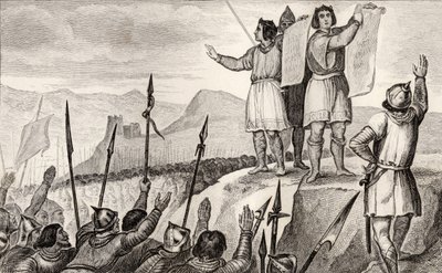 Charles II (823-77) den skallede og hans bror Ludvig den tyske inngår traktat i Strasbourg i 842, fra 