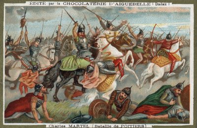 Charles Martel arrested Muslims at the Battle of Poitiers in 732. Chromolithography of the 19th century. av French School