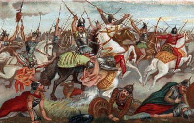 Charles Martel arresterte muslimene i slaget ved Poitiers i 732. Kromolitografi av det 19. århundre. av French School
