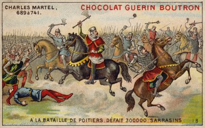 Charles Martel beseiret en hær på 300 000 saracenere i slaget ved Poitiers, 732 (chromolitho) av French School