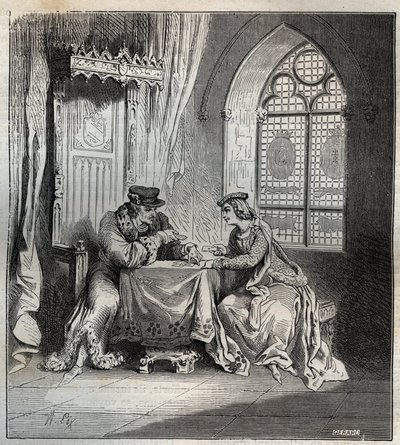 Charles VI (1380-1422) og Odette de Champdivers - Kong Charles VI av Frankrike, kjent som Charles the Good Aime, deretter Charles the Fol (1368-1422) med sin elskerinne Odinette (Odette) de Champdivers (ca. 1390-rundt 1425) spillkortgravering i «Paris a t av French School