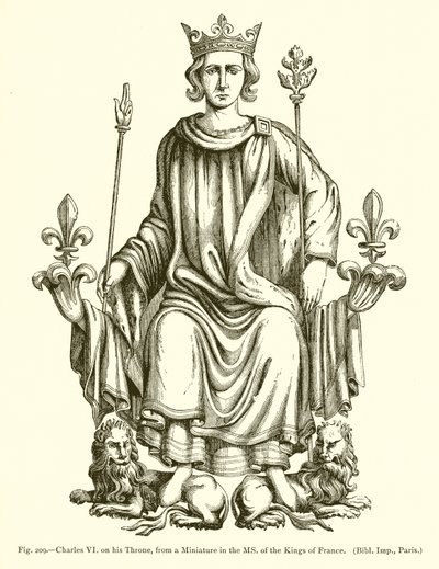 Charles VI på sin trone, fra en miniatyr i MS. av kongene av Frankrike av French School