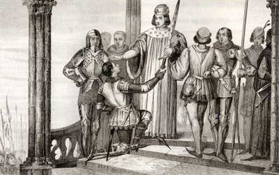 Charles V (1358-80) den vise presenterer sitt sverd til Duguesdin, fra 