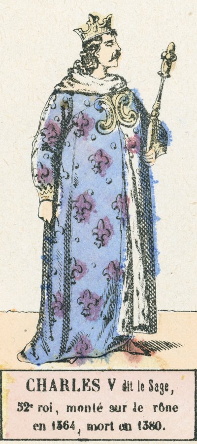 Charles V dit le Sage, 52. konge, besteg tronen i 1364, døde i 1380 (farget gravering) av French School
