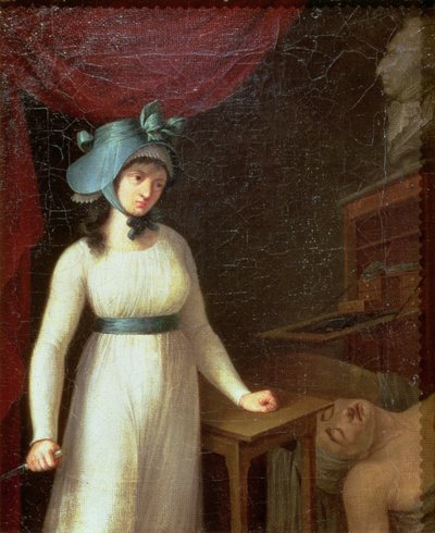Charlotte Corday (1768-93) og attentatet på Jean Paul Marat (1743-93) i hans bad av French School