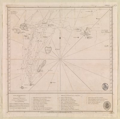 Kart over øygruppen nordover Mauritius, fastsatt i 1776 av løytnant M le Victe Grenier i den franske marinen [Inkluderer Seychellene, den sørligste delen av Maldivene på Mauritius og Chagos-øygruppen] av French School