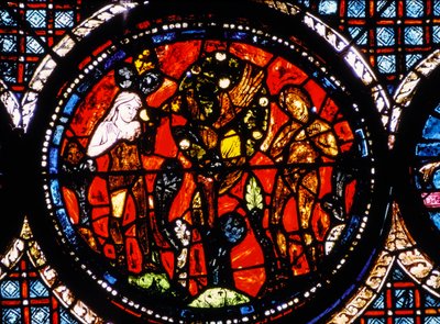 Chartres-katedralen, glassmaleri som viser et sirkulært glassmaleri av den gode samaritan (glassmaleri) av French School
